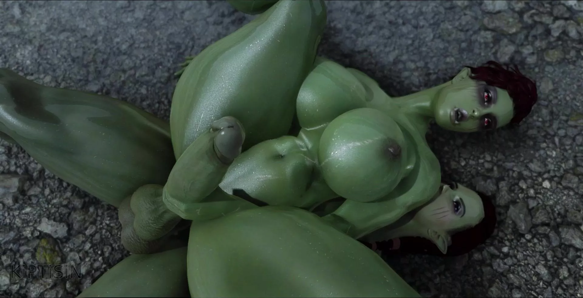 Two futanari orc sisters fuck each other with their big cocks