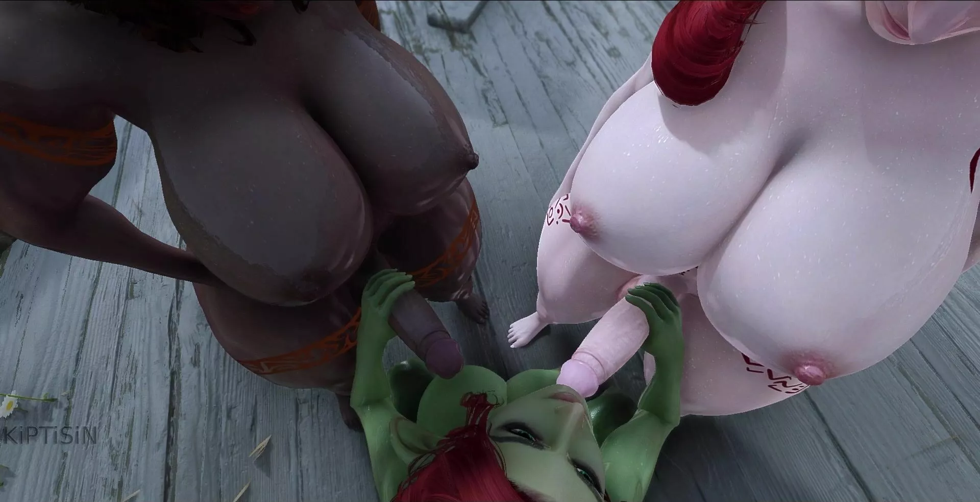 2 Futanari Dwarves Fill Goblin Tummy with Cum